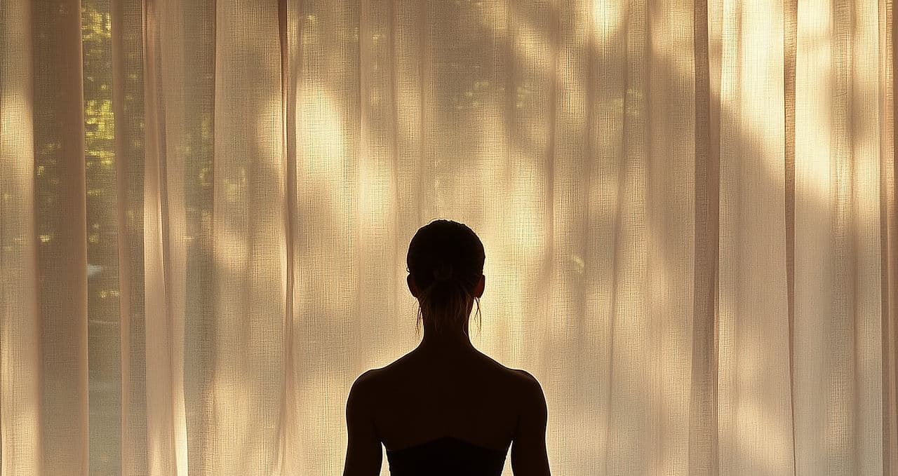 A calm silhouette breathing by a sunlit, sheer-curtained window — the restorative feeling a NanoVi session supports