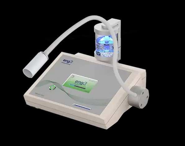 The NanoVi eng3 device — a desktop unit with a flexible wand that delivers bio-identical structured energy